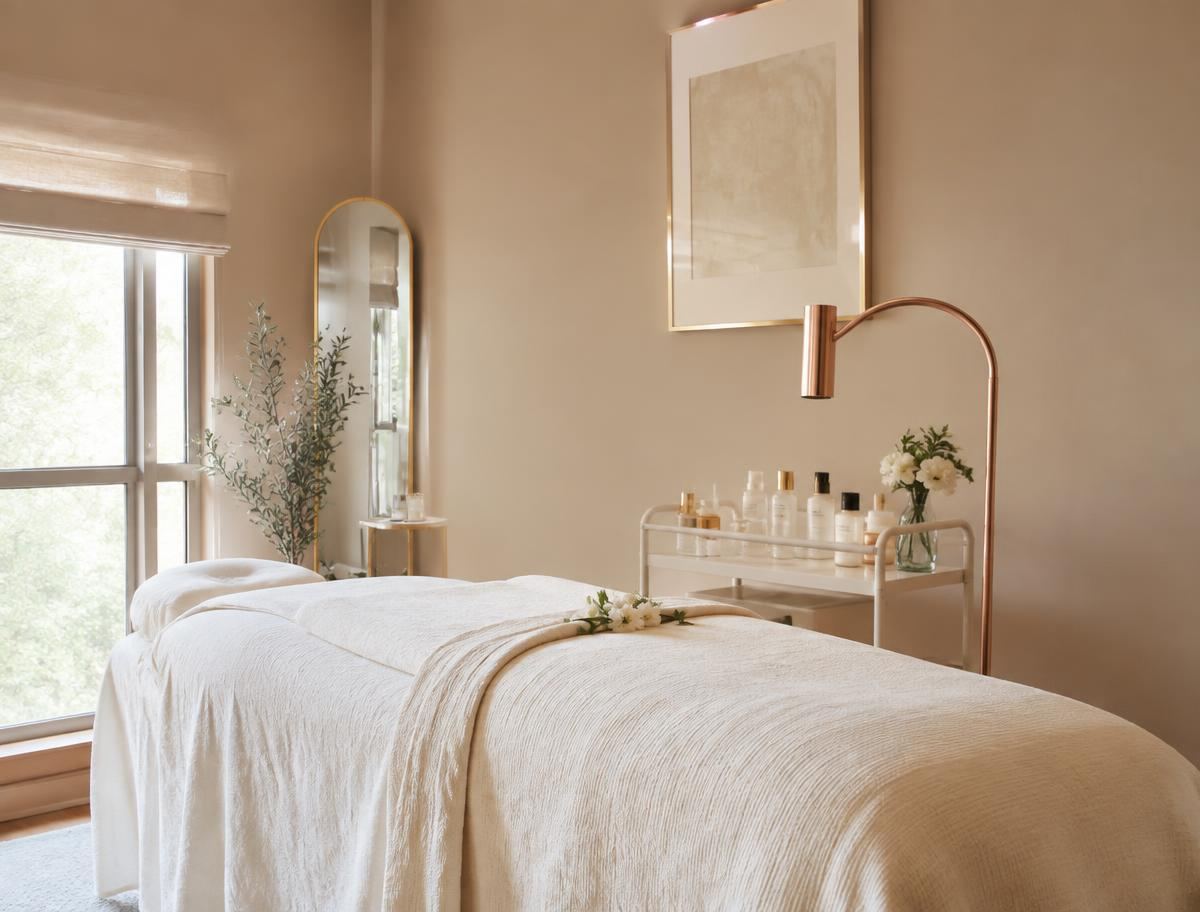 Calm skincare treatment room with ivory linens and a rose-gold lamp