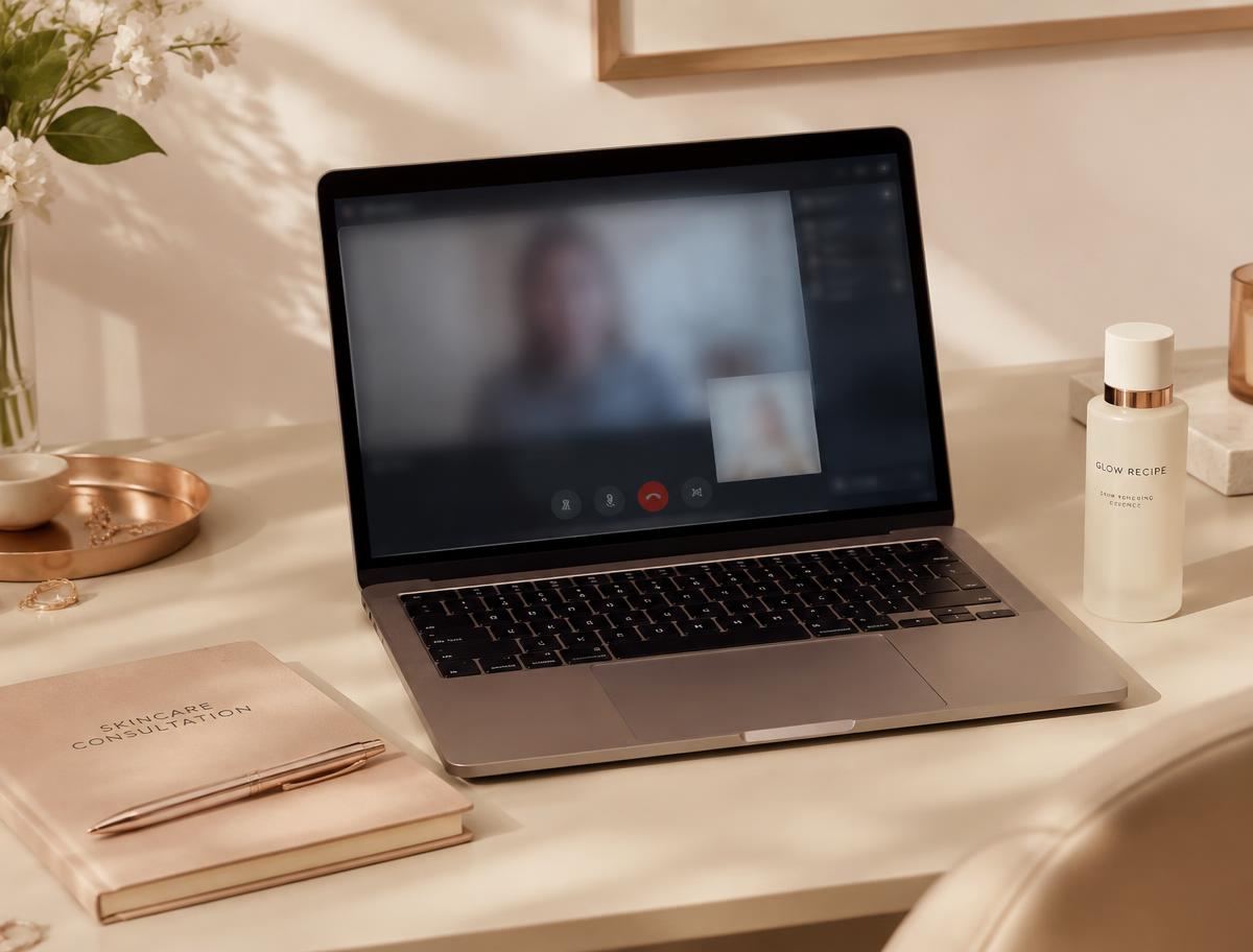 Laptop set up for a virtual skincare consultation beside a notebook and serum